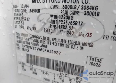 2005 Ford F-150 Xlt z USA, uszkodzony, nr VIN 1FTRW12W65FA51987